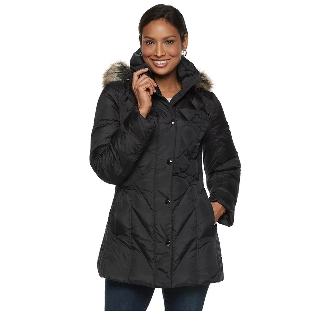 Women's London Fog Hooded Faux-Fur Down Puffer Coat